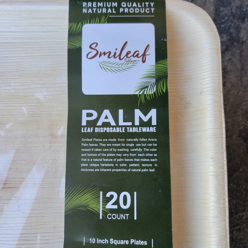Smileaf Tableware Palm Leaf Disposable 10 Inch Square Plates, Package of 20